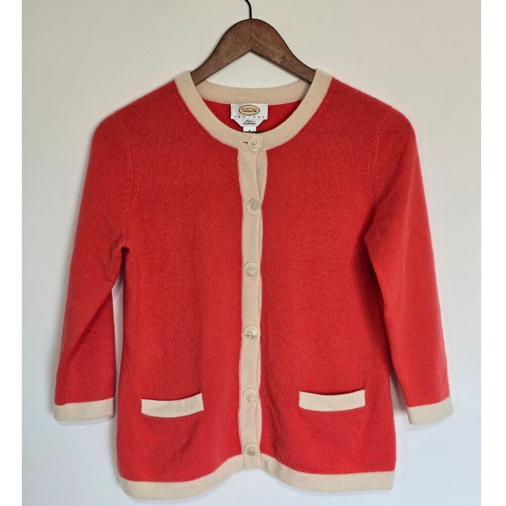 Talbots Petites 100% Cashmere Coral Ivory Trim Cardigan Sweater Size: S